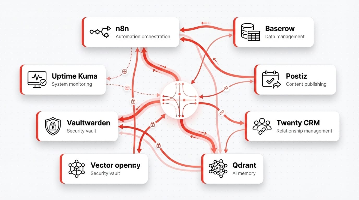 Infrastructure diagram on a light background: eight cards with service icons and names arranged around a central node and joined by red arrows. The services shown are n8n, Baserow, Postiz, Twenty CRM, Qdrant, Vaultwarden, Uptime Kuma and one card whose name is illegible.