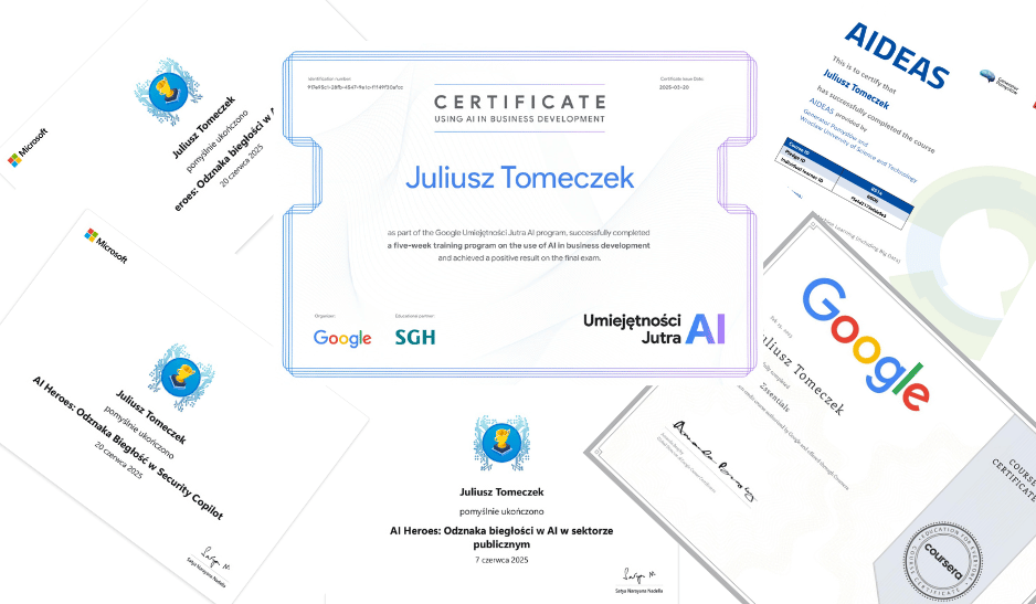 A collage of a dozen or so certificates and diplomas fanned out. In the centre, the Google Umiejetnosci Jutra AI certificate issued to Juliusz Tomeczek, surrounded by Microsoft AI Heroes badges, an AIDEAS certificate and a Coursera diploma with the Google logo.