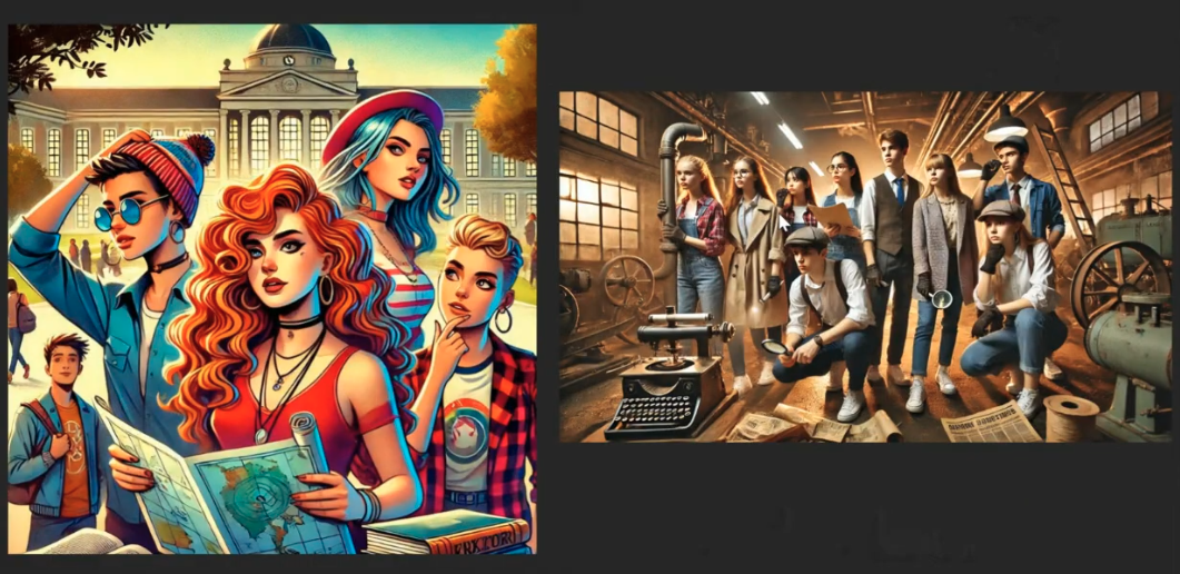 Two AI-generated illustrations side by side. On the left, a colourful comic-style scene with a group of young people in front of a classical building, one of them holding an unfolded map. On the right, a sepia scene: young people in an old workshop hall among machines, with a typewriter and newspapers in the foreground.