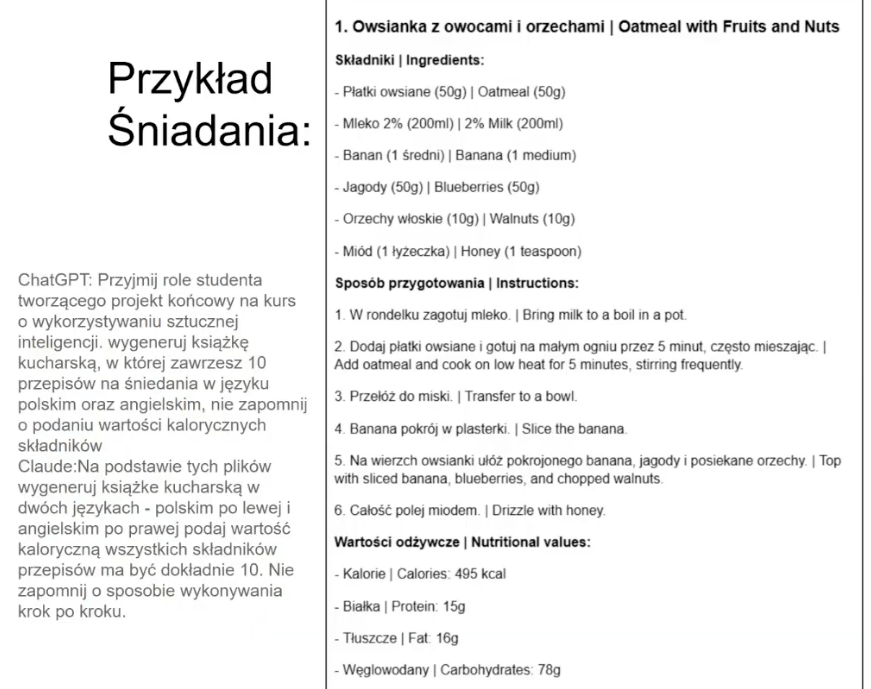 A slide headed Przykład śniadania, meaning a breakfast example. On the left, the prompts given to ChatGPT and Claude asking for a cookbook of ten recipes in Polish and English with calorie counts. On the right, a finished recipe for oatmeal with fruit and nuts: ingredients, six preparation steps and nutritional values, all in both languages.