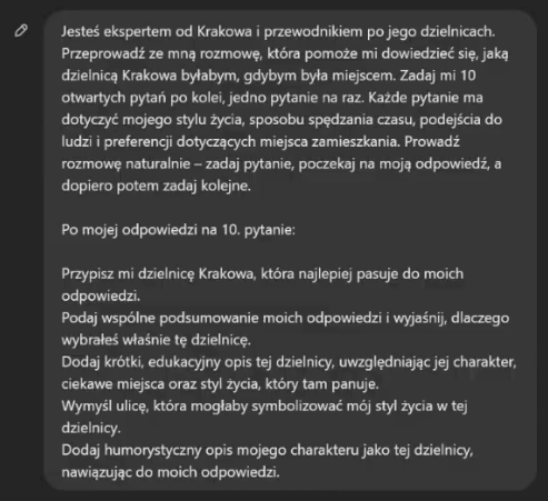 A screenshot of a chat with a model on a dark background. The prompt, in Polish, tells the model to act as a guide to the districts of Krakow, ask ten open questions one at a time, and after the last answer assign the person a matching district together with a justification, a description and a humorous summary.