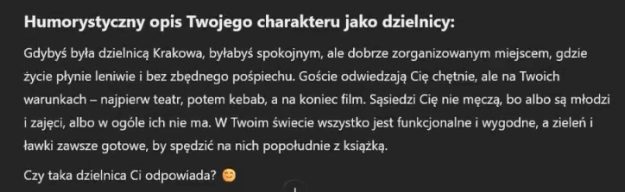 A fragment of the model answer on a dark background, headed Humorystyczny opis Twojego charakteru jako dzielnicy, meaning a humorous description of your character as a district. The model describes the person as a calm, well organised district of Krakow where life runs slowly, and ends by asking whether such a district suits them.