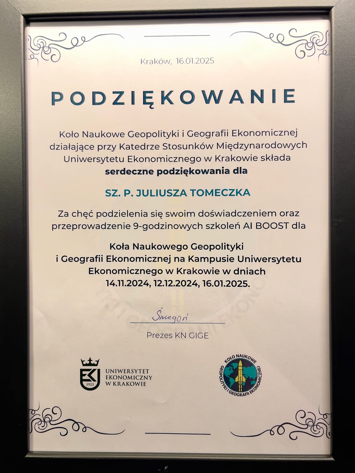 Photo of a framed letter of thanks from the Geopolitics and Economic Geography student association at the Kraków University of Economics for running nine hours of AI BOOST training in November and December 2024 and in January 2025.