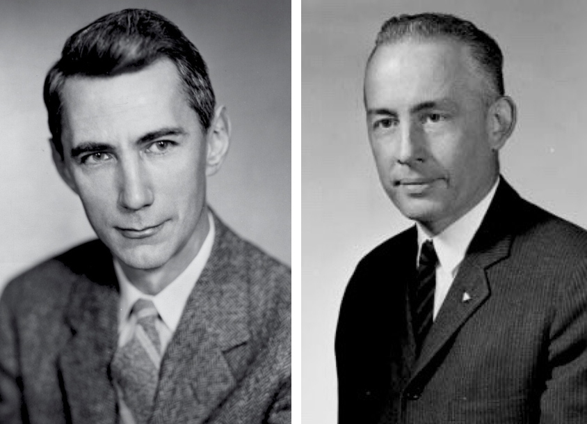 Dwa kolejne portrety archiwalne obok siebie, obaj mężczyźni w marynarkach i krawatach. Wspólny podpis pod parą obrazów wymienia ich jako Claude Shannon oraz Nathaniel Rochester, dwóch z czterech pomysłodawców konferencji w Dartmouth.