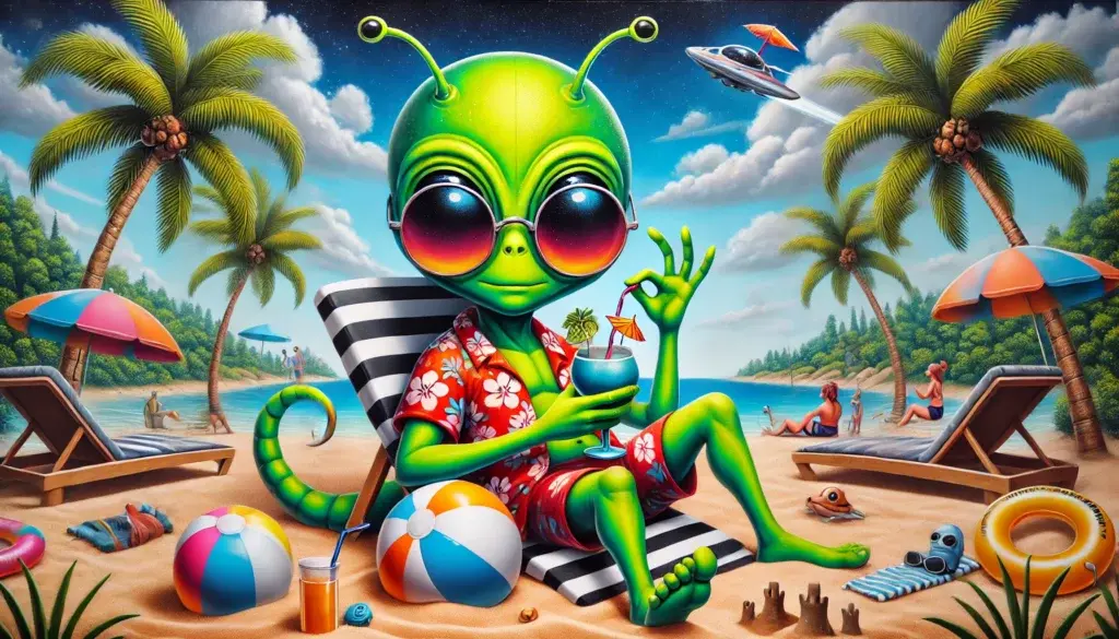 Ilustracja wygenerowana przez AI: zielony kosmita w okularach przeciwsłonecznych i hawajskiej koszuli, leżący na leżaku na plaży z koktajlem w dłoni, otoczony palmami, piłkami plażowymi i parasolami; w tle nad morzem leci mały statek kosmiczny (UFO).