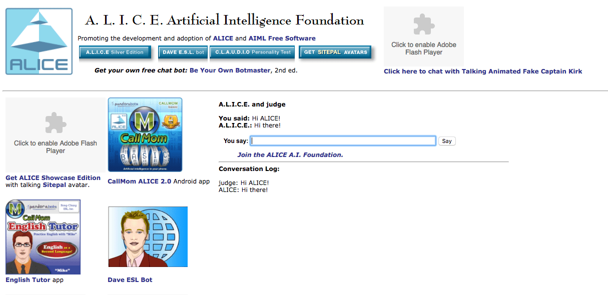 Screenshot of the A.L.I.C.E. Artificial Intelligence Foundation website with its blue pyramid logo, buttons for the successive editions of the program and a chat box where the bot answers a greeting with a short hello. Empty Flash plugin frames are visible.