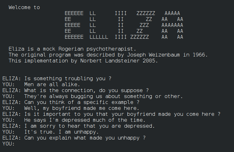 Screenshot of a terminal running ELIZA. The name is spelled out in text characters, followed by a note that Joseph Weizenbaum described the program in 1966 and that this implementation is by Norbert Landsteiner, and a conversation in which ELIZA answers every line with another question.