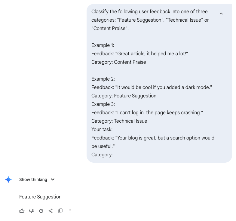 Screenshot of a chat with a model: the prompt gives three worked examples of sorting user feedback into categories and then sets the task about a blog without a search option. The model answers Feature Suggestion.