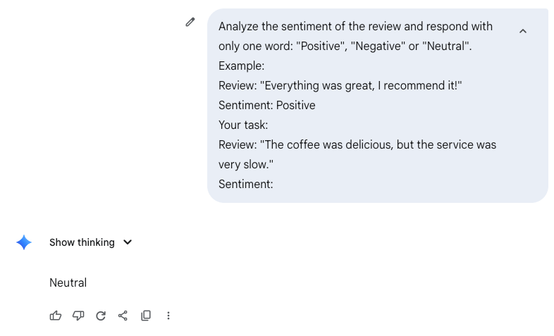 Screenshot of a chat with a model: the prompt asks for a one word sentiment of a review, gives a single worked example and then sets the task about slow service. The model answers Neutral.