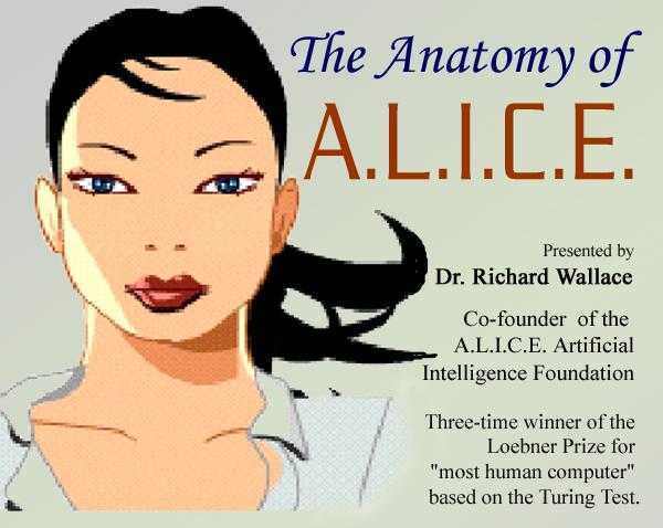 Title graphic of the presentation The Anatomy of A.L.I.C.E. with a drawn face of a woman on the left. On the right, a note that it is presented by Richard Wallace, co-founder of the A.L.I.C.E. foundation and a three-time winner of the Loebner Prize.