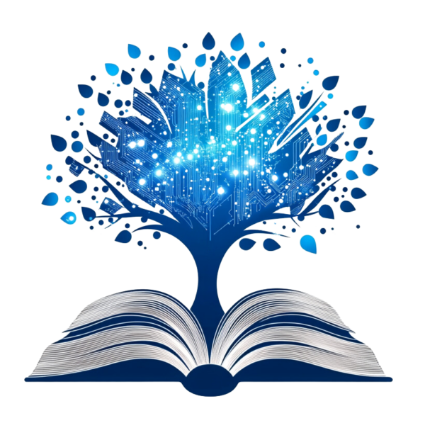 Logo w formie granatowego drzewa wyrastającego z otwartej książki, z koroną złożoną z liści i świecących cyfrowych elementów przypominających obwody elektroniczne, na białym tle.
