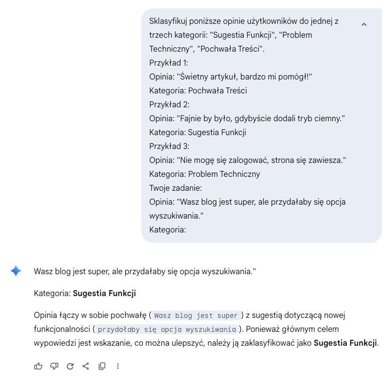 Zrzut ekranu rozmowy z modelem: polecenie podaje trzy przykłady klasyfikacji opinii do kategorii, a następnie zadanie o blogu bez wyszukiwarki. Model odpowiada „Sugestia Funkcji” i uzasadnia wybór, wskazując pochwałę połączoną z sugestią.