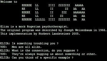 Mały zrzut ekranu terminala z programem ELIZA: nazwa wypisana znakami tekstowymi, nota o Josephie Weizenbaumie i roku 1966 oraz początek rozmowy, w której program odpowiada wyłącznie pytaniami.