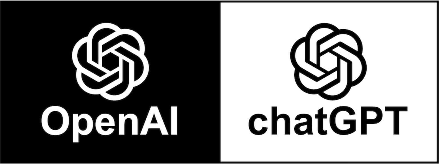 Dwa logotypy obok siebie: OpenAI na czarnym tle oraz chatGPT na białym. Oba niosą ten sam znak w postaci splecionej rozety, a pod nim nazwę.