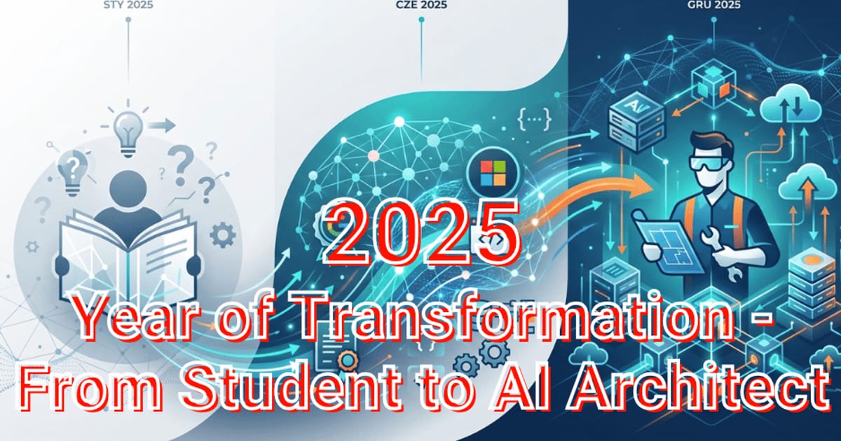 Three panels marked January, June and December 2025 form a timeline. In the first, a figure leans over an open book surrounded by question marks; in the second, a neural network spreads out around the Microsoft logo; in the third, a figure in safety goggles holds a tablet among servers and clouds.