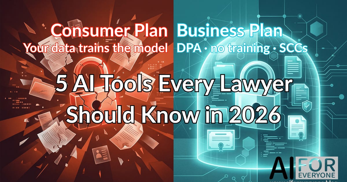 Two halves set two plans against each other. On the left, against red, the consumer plan: a cracked padlock lies among scattered documents, and the caption says your data trains the model. On the right, against teal, the business plan: an intact padlock stands under a protective dome, and the caption lists a DPA, no training and SCCs.