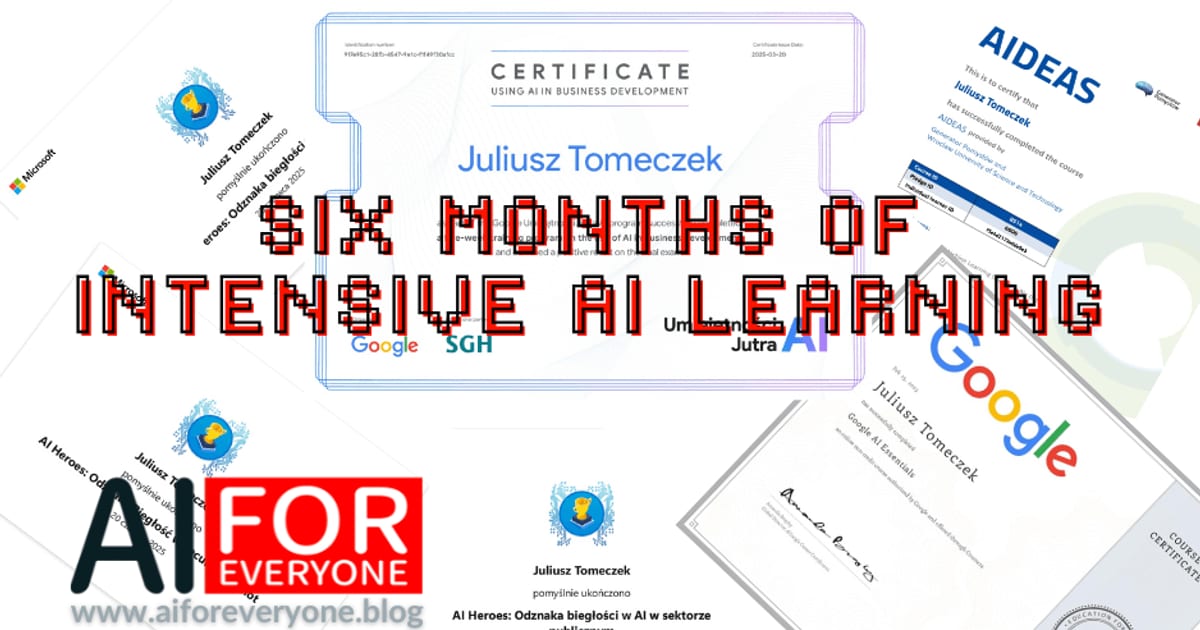 Collage of AI course certificates and badges (Google, SGH, Microsoft, AIDEAS, Coursera) with a name visible on the documents, overlaid with a large pixel-style title 'SIX MONTHS OF INTENSIVE AI LEARNING' and the AI for Everyone logo with the address www.aiforeveryone.blog.