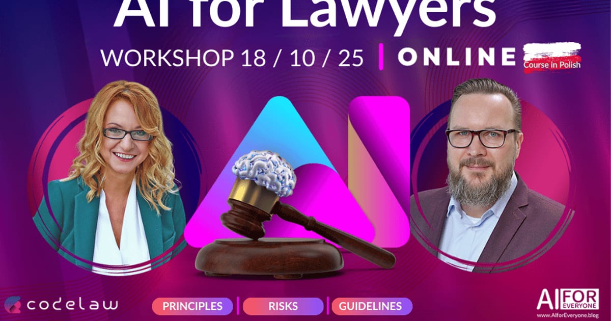 Event banner on a purple-magenta background: title 'AI for Lawyers — WORKSHOP 18/10/25 | ONLINE' with a 'Course in Polish' badge, and the tags 'PRINCIPLES | RISKS | GUIDELINES'. Portrait photos of two presenters in oval frames on either side, a gavel with a digital brain on top in the center. Codelaw and AI for Everyone logos at the bottom.