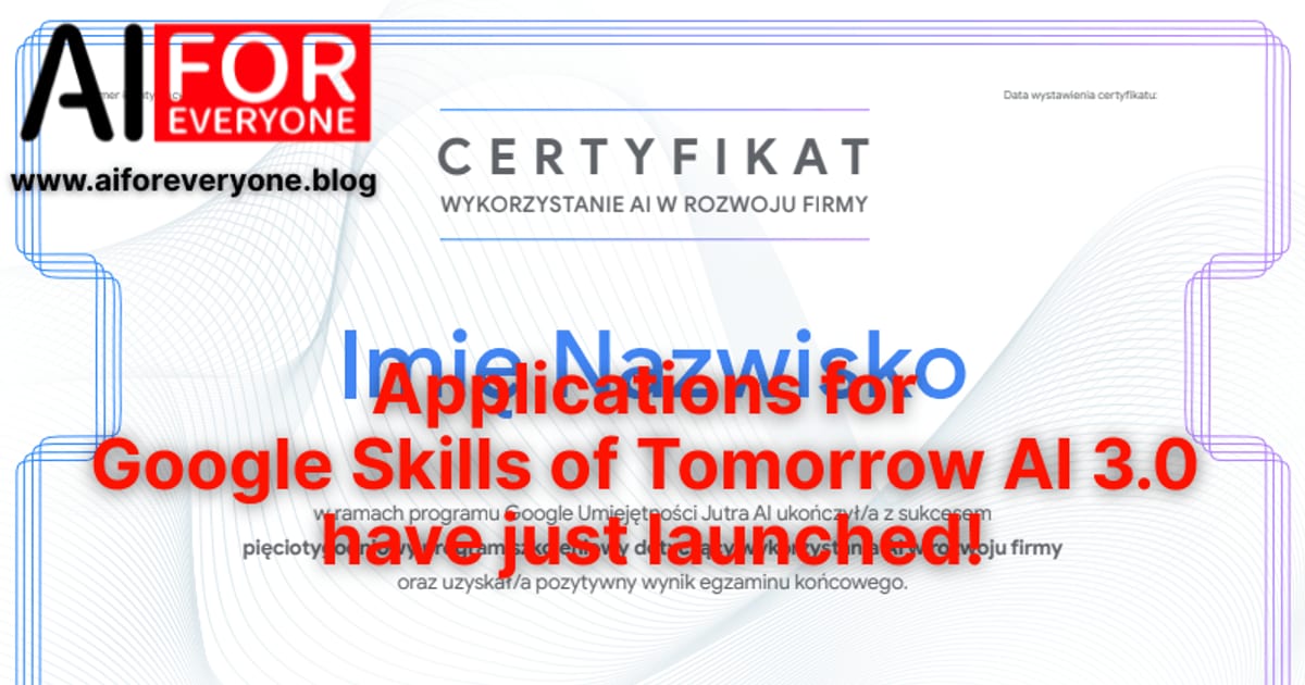 A specimen certificate of completion for the Skills of Tomorrow AI programme: the participant field holds a placeholder name, and the logos of Google as organiser and SGH as education partner sit along the bottom. The certificate itself is written in Polish.