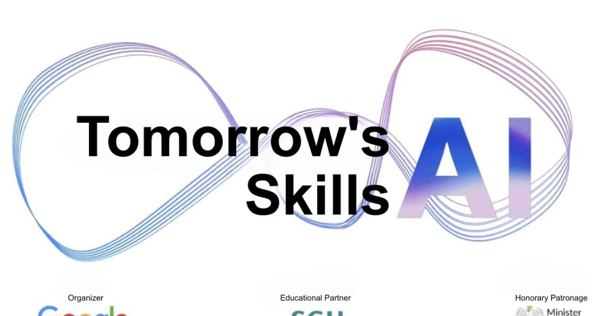 Program logo on a white background: abstract looping ribbon graphic with the text 'Tomorrow's Skills AI'. Below, logos and labels for the organizer (Google), educational partner (SGH), and honorary patronage (Polish Minister of Digital Affairs).