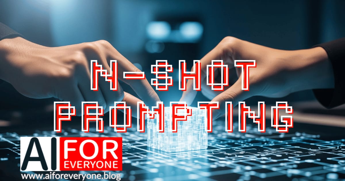 Ilustracja dwóch dłoni sięgających do świecącego cyfrowego sześcianu nad panelem z podświetlonym wzorem obwodów. Na środku pikselowy napis „N-SHOT PROMPTING”. W lewym dolnym rogu logo AI for Everyone z adresem www.aiforeveryone.blog.