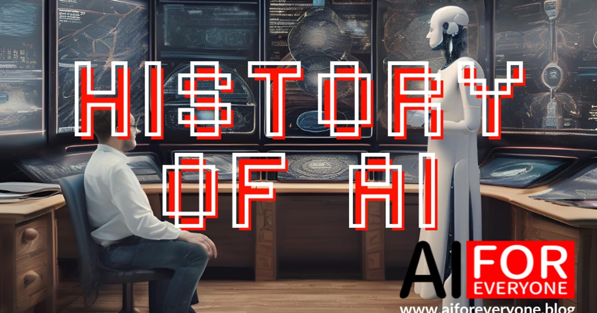 Illustration showing a person seated in an office chair facing a humanoid robot figure, surrounded by multiple screens displaying data visualizations and globe graphics, in a wood-panelled room. Large pixel-style title text 'HISTORY OF AI'. AI for Everyone logo with the address www.aiforeveryone.blog in the bottom right corner.