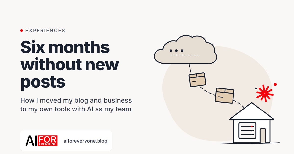 Illustration: two cardboard boxes travel along a dashed path from the cloud of a rented platform to a small house with a server in its window, and a red asterisk, the sign of help from Claude, stands next to the house. On the left, the title “Six months without new posts”, a subtitle about moving a blog and business to my own tools with AI, and the AI for Everyone logo.