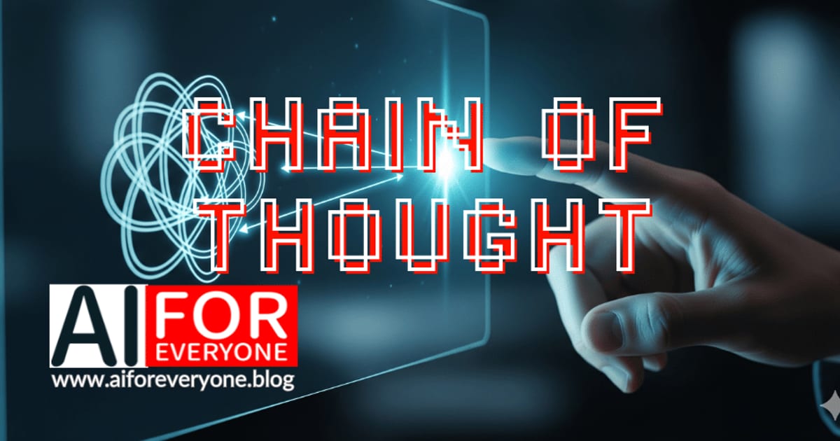 A finger touches a bright point on a transparent screen, with arrows fanning out towards a tangle of glowing lines. The words “Chain of Thought” run across the middle.