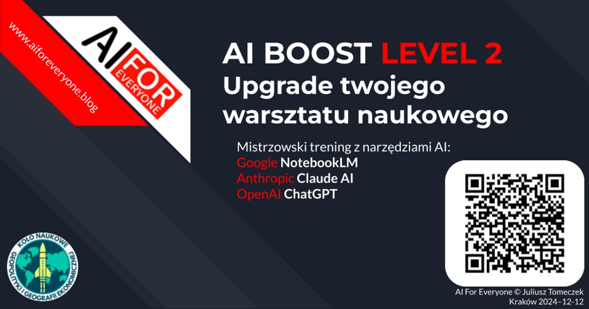 Baner na ciemnym tle: tytuł „AI BOOST LEVEL 2 — Upgrade twojego warsztatu naukowego” z podpisem „Mistrzowski trening z narzędziami AI: Google NotebookLM, Anthropic Claude AI, OpenAI ChatGPT”. Po prawej kod QR. W lewym górnym rogu logo AI for Everyone, w lewym dolnym logo Koła Naukowego Geopolityki i Geografii Ekonomicznej. Stopka: „AI For Everyone © Juliusz Tomeczek, Kraków 2024-12-12”.