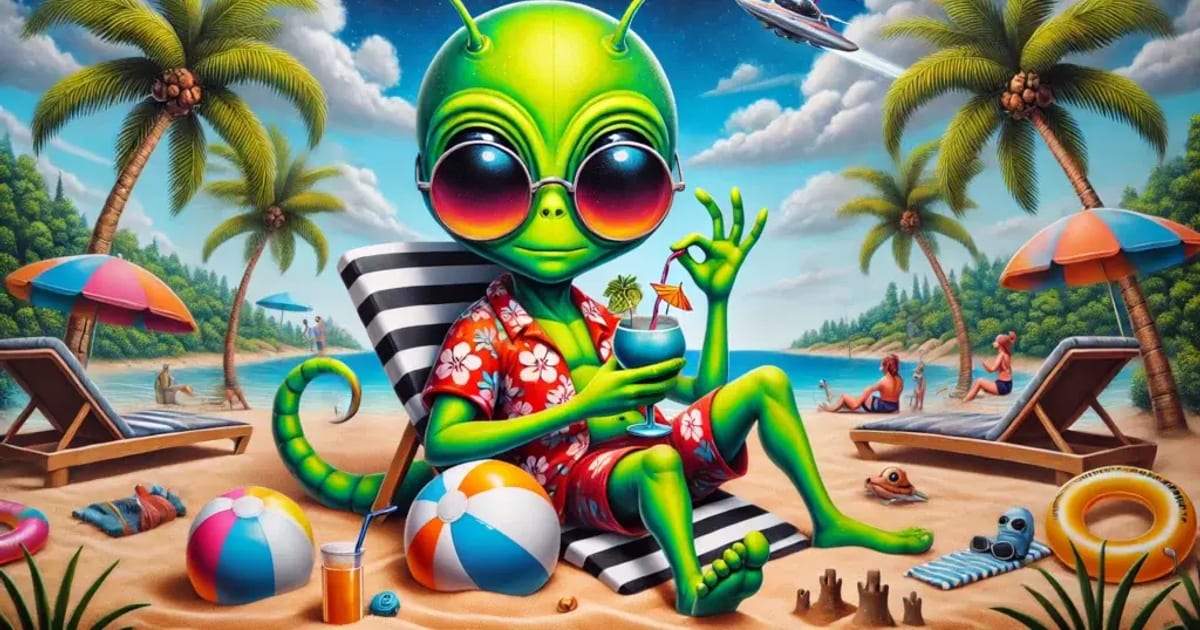 Ilustracja wygenerowana przez AI: zielony kosmita w okularach przeciwsłonecznych i hawajskiej koszuli, leżący na leżaku na plaży z koktajlem w dłoni, otoczony palmami, piłkami plażowymi i parasolami; w tle nad morzem leci mały statek kosmiczny (UFO).