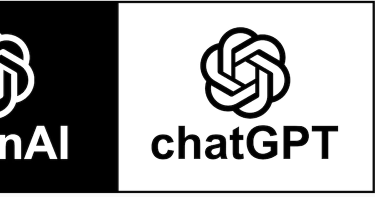 Dwa logotypy obok siebie: OpenAI na czarnym tle oraz chatGPT na białym. Oba niosą ten sam znak w postaci splecionej rozety, a pod nim nazwę.