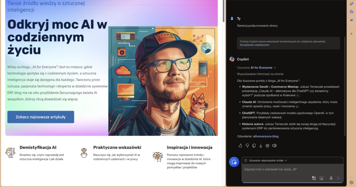 Zrzut ekranu przeglądarki Edge: po lewej strona główna bloga AI for Everyone z hasłem „Odkryj moc AI w codziennym życiu” i rysunkową postacią w czapce oraz okularach, po prawej panel czatu Copilota, który na polecenie „Generuj podsumowanie strony” wypisuje cztery punkty z bloga i podaje adres źródła.