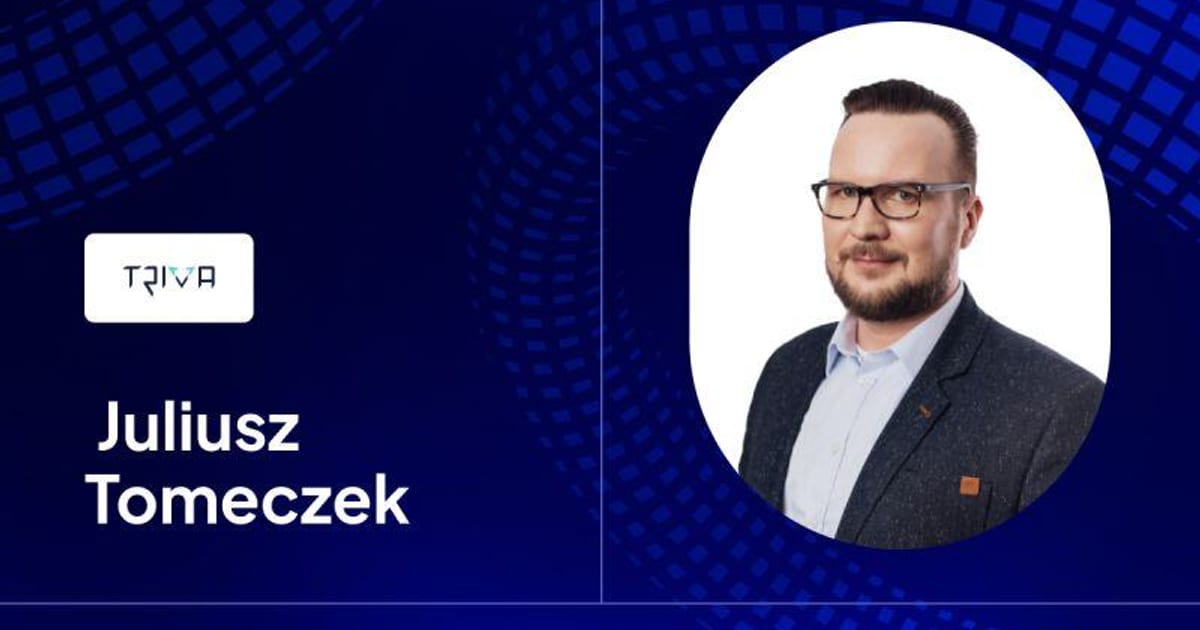 Karta zapowiadająca prelegenta wydarzenia „GenAI-commerce — Młodzi w e-biznesie”: portretowe zdjęcie osoby w okrągłej ramce, obok imię i nazwisko oraz tytuł wystąpienia „Claude AI - alternatywa dla ChatGPT czy świadomy wybór?”. Loga TRIVA i shoper, na dole żółty pasek z powtórzonym napisem „Młodzi w e-biznesie”.