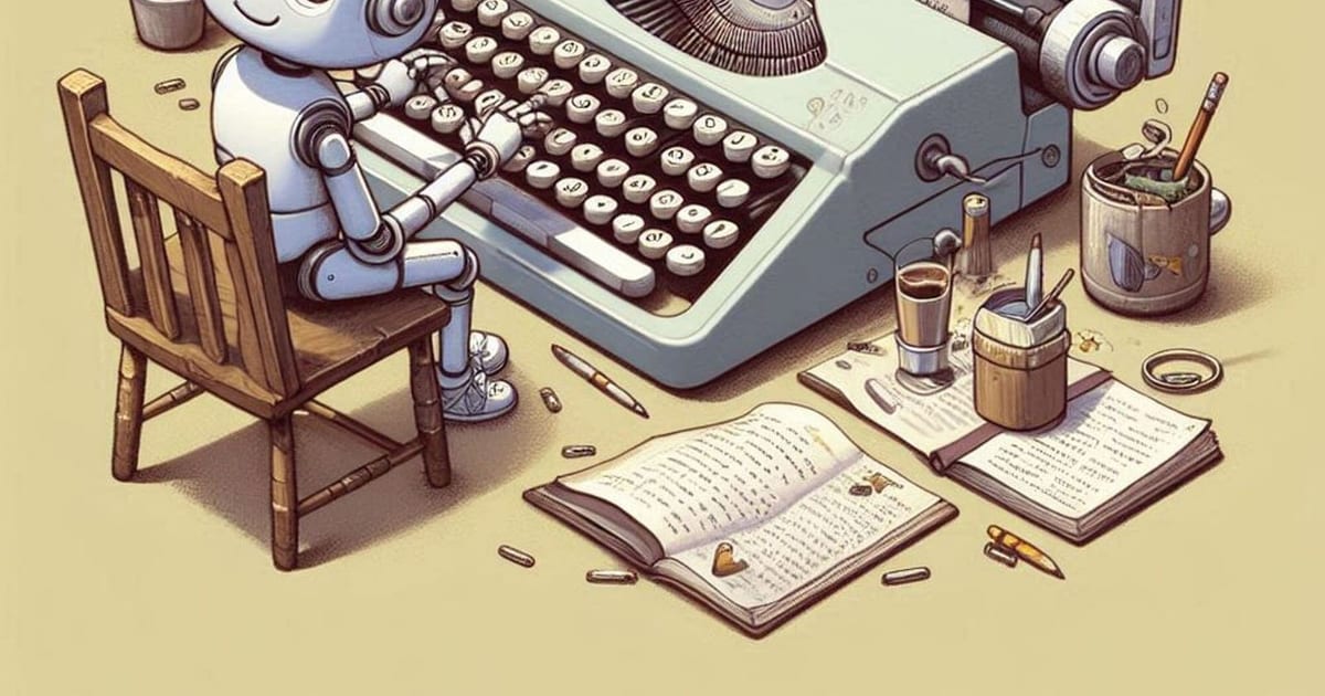 Rysunkowa ilustracja w ciepłych, pastelowych barwach: mały biały robot siedzi na drewnianym krześle i pisze na staroświeckiej maszynie do pisania, z której wychodzi długi zadrukowany arkusz. Nad maszyną mechaniczne ramię ze świecącą żarówką, obok mały żółty ptaszek, a wokół kubki z ołówkami, otwarte książki i porozrzucane przybory.