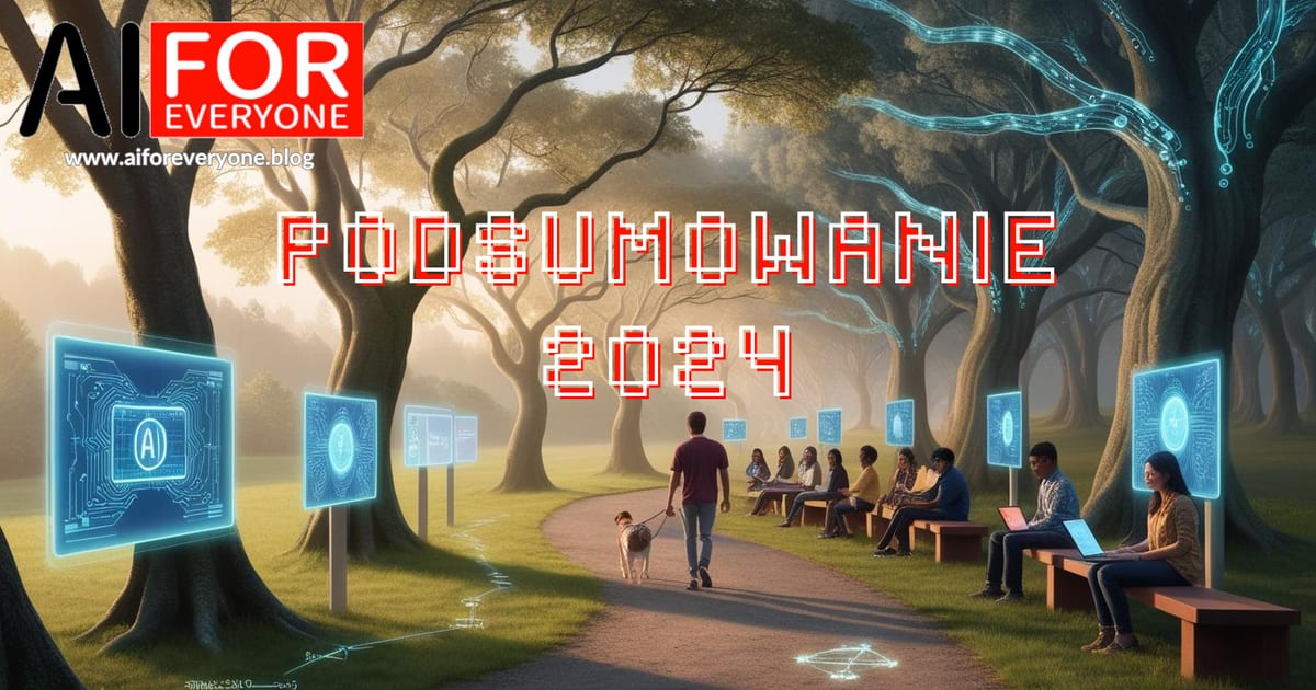 Ilustracja przedstawiająca aleję parkową z drzewami, przy których zawieszone są świecące cyfrowe panele z ikonami obwodów; osoba spacerująca z psem na alejce, w tle ludzie siedzący na ławkach z laptopami. Na środku pikselowy napis „PODSUMOWANIE 2024”. W lewym górnym rogu logo AI for Everyone z adresem www.aiforeveryone.blog.