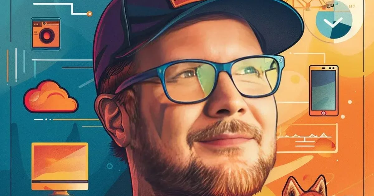 Rysowany portret osoby w czapce z daszkiem i okularach, patrzącej w bok. Tło dzieli się na turkusową i pomarańczową połowę, a wokół stoją ikony sprzętu: monitor, aparat, telefon, chmura i wykresy. W prawym dolnym rogu siedzi pies.