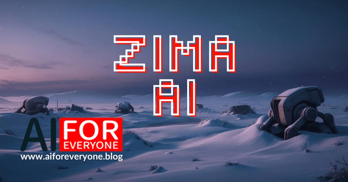 Ilustracja przedstawiająca zaśnieżony, opuszczony krajobraz o zmierzchu z częściowo zasypanymi śniegiem porzuconymi robotami przypominającymi zwierzęta na czterech nogach. Na środku pikselowy napis „ZIMA AI”. W lewym dolnym rogu logo AI for Everyone z adresem www.aiforeveryone.blog.